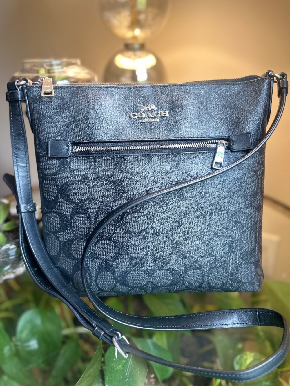 Coach Black Signature Crossbody MEDIUM SIZED Bag Monogram Canvas Leather Trim